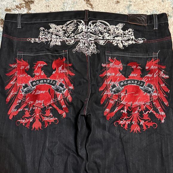 Attitude Gold Baggy Wide Leg Eagle Embroidered Jeans Size 48x33 Y2K - Picture 3 of 10